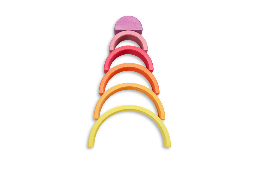 US stockist of Ocamora's 6pc Rainbow in pink.  Handmade from sustainable Linden wood in shades of pink, red, orange and yellow.