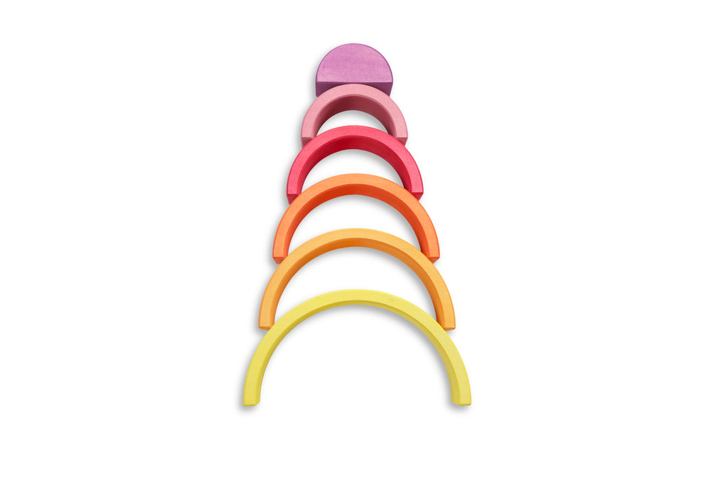 US stockist of Ocamora's 6pc Rainbow in pink. Handmade from sustainable Linden wood in shades of pink, red, orange and yellow.