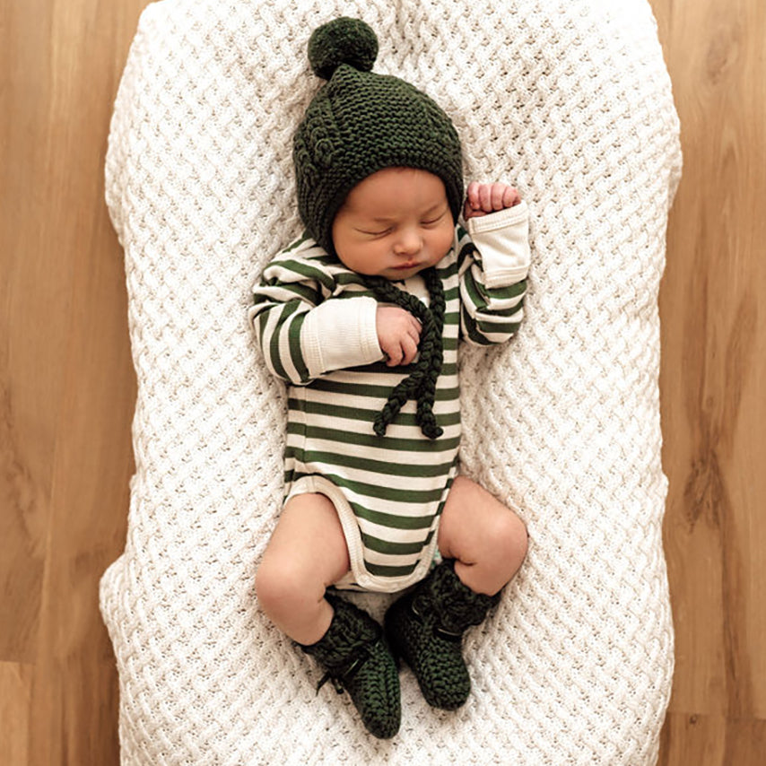 US stockist of Snuggle Hunny Kid's Merino wool bonnet & bootie set in Olive.