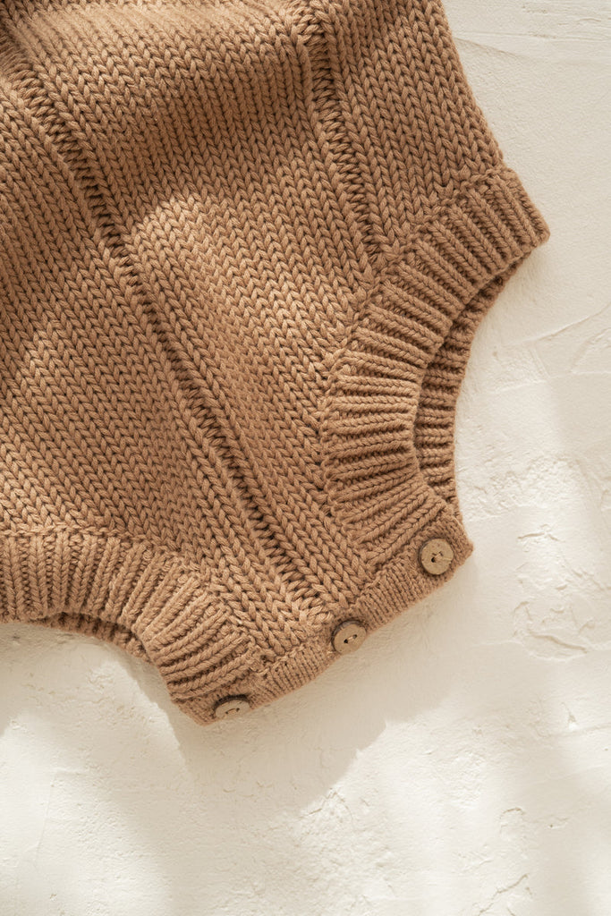 US stockist of Illoura the Label's gender neutral, Tallow Romper knitted romper in Chocolate.