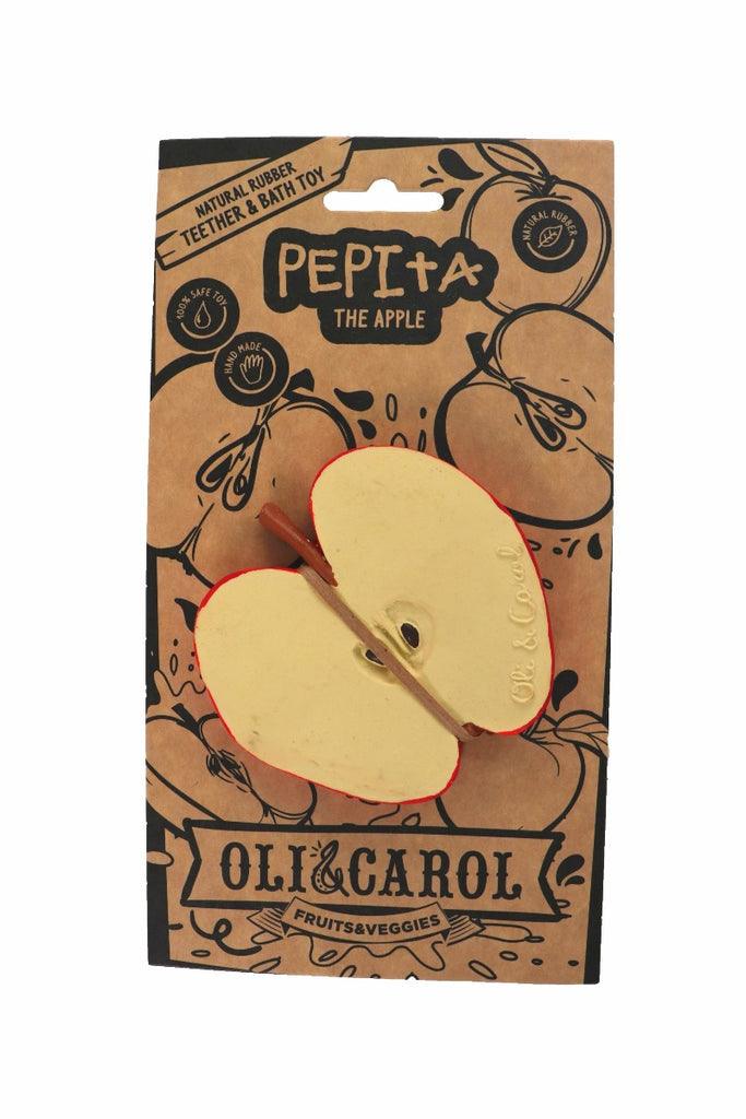 US stockist of Oli & Carol's Pepita the Apple teether/bath toy. Made from 100% natural sustainable rubber with no holes.