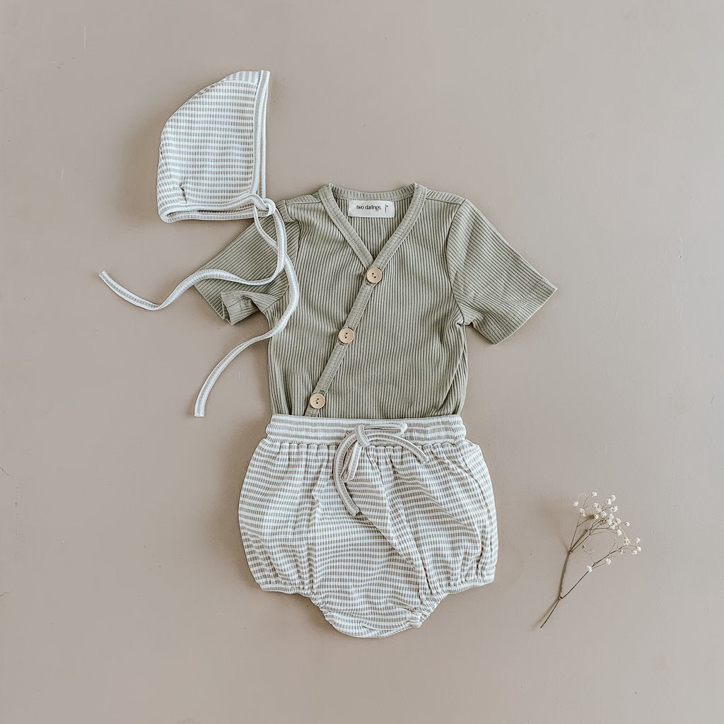 US stockist of Two Darlings short sleeve ribbed cotton olive kimono bodysuit with wooden buttons