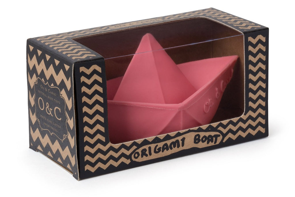 US stockist of Oli & Carol's natural rubber pink origami boat bath toy.