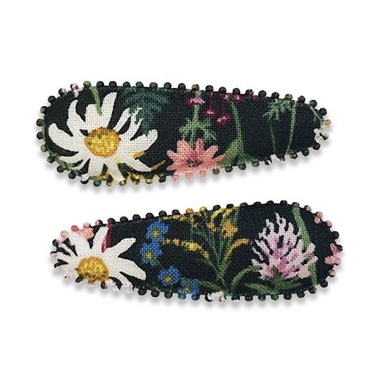 US stockist of Josie Joan's Simone fabric floral hair clip slides.  Black fabric with floral print.