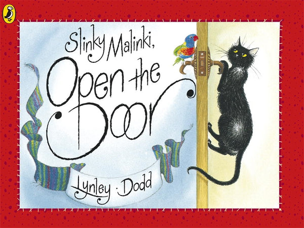 US stockist of Slinky Malinki, Open the Door  paperback book.  Written by New Zealand author; Lynley Dodd.