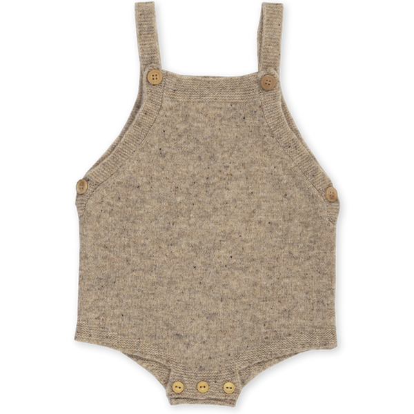 US stockist of Grown Clothing's gender neutral, speckled stone romper.  Made from extra fine Australian merino wool. Features pearl knit detail at edges, adjustable straps and wooden buttons.