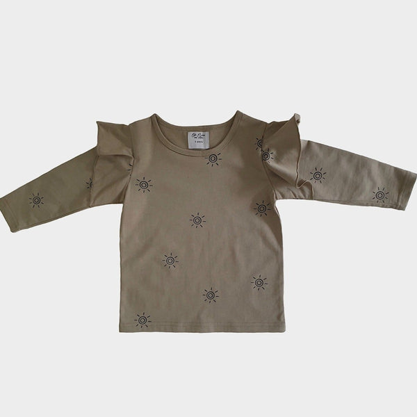 US Stockist of Oh Nine The Label Olive ruffle long sleeve t-shirt with sun print.  100% brushed cotton.