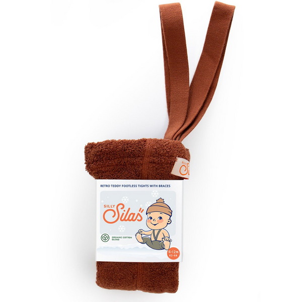 US stockist of Silly Silas' gender neutral, footless Teddy tights in Cinnamon.  Made from 100% okeo tex cotton with retro braces.