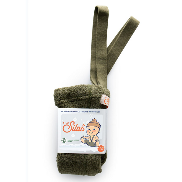 US stockist of Silly Silas' gender neutral, footless Teddy tights in Olive.  Made from 100% okeo tex cotton with retro braces.