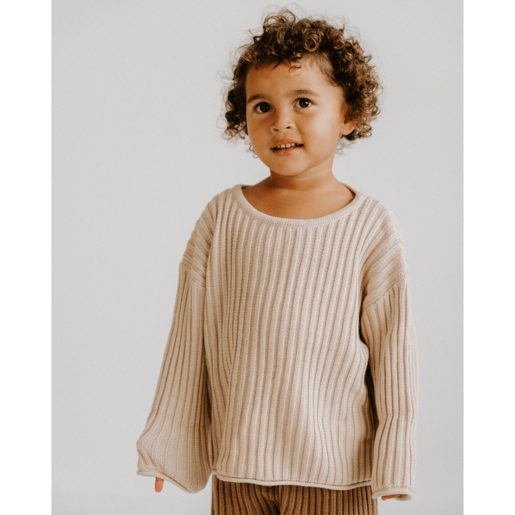 US stockist of Illoura the Label's gender neutral, relaxed fit, cotton essential knit sweater in Biscuit.