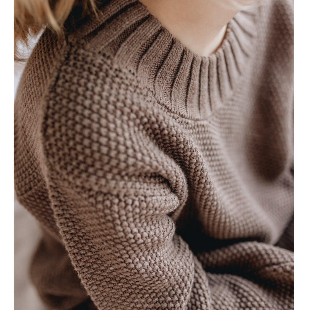 US stockist of Five O'Six's organic cotton, gender neutral chunky knit sweater in Truffle.