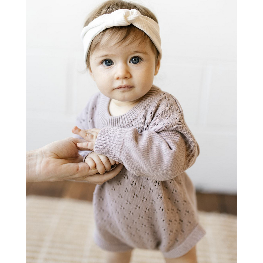 US stockist of Two Darling's long sleeve, dusty lilac knit romper.