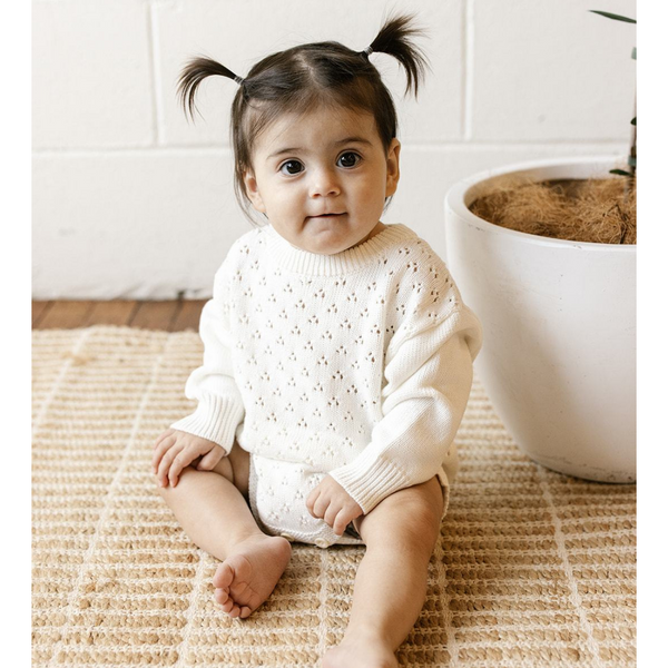 US stockist of Two Darling's long sleeve, Milk knit romper.