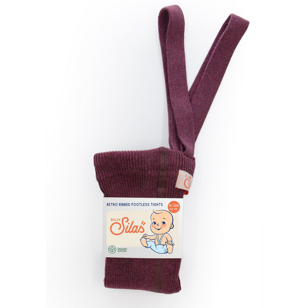 US stockist of Silly Silas gender neutral retro ribbed footless tights in fig blend.  Made from 100% cotton and featuring braces.
