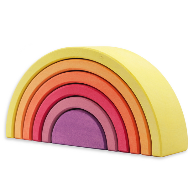US stockist of Ocamora's 6pc Rainbow in yellow. Handmade from sustainable Linden wood in shades of yellow, orange, red and purple.