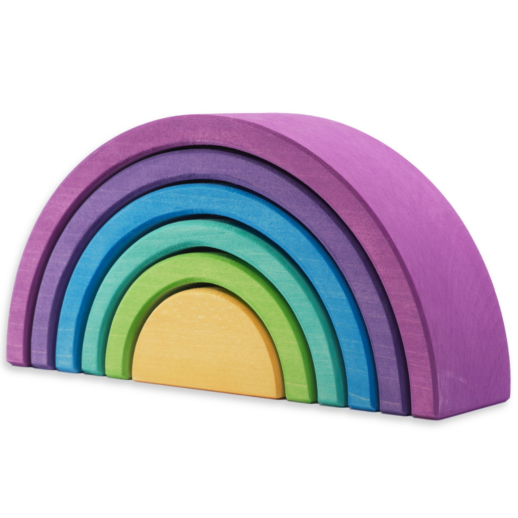 US stockist of Ocamora's 6pc Rainbow in purple. Handmade from sustainable Linden wood in shades of purple, green, blue and yellow.