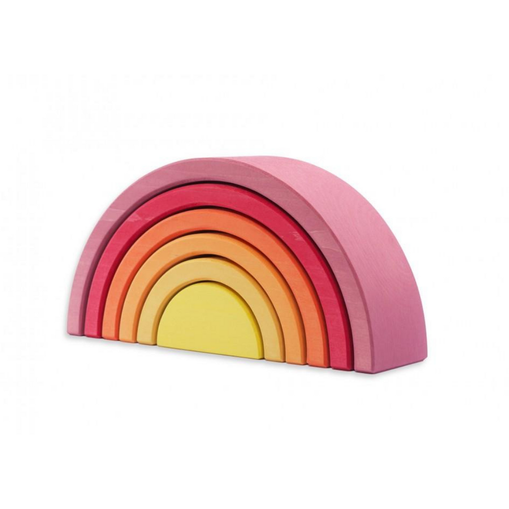 US stockist of Ocamora's 6pc Rainbow in pink. Handmade from sustainable Linden wood in shades of pink, red, orange and yellow.