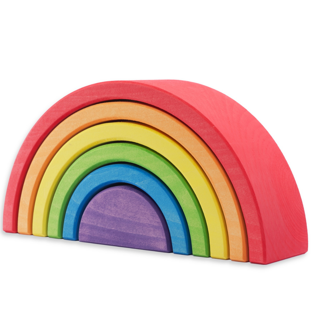 US stockist of Ocamora's 6pc Rainbow in red. Handmade from sustainable Linden wood in shades of red, orange, yellow, green, blue and purple.