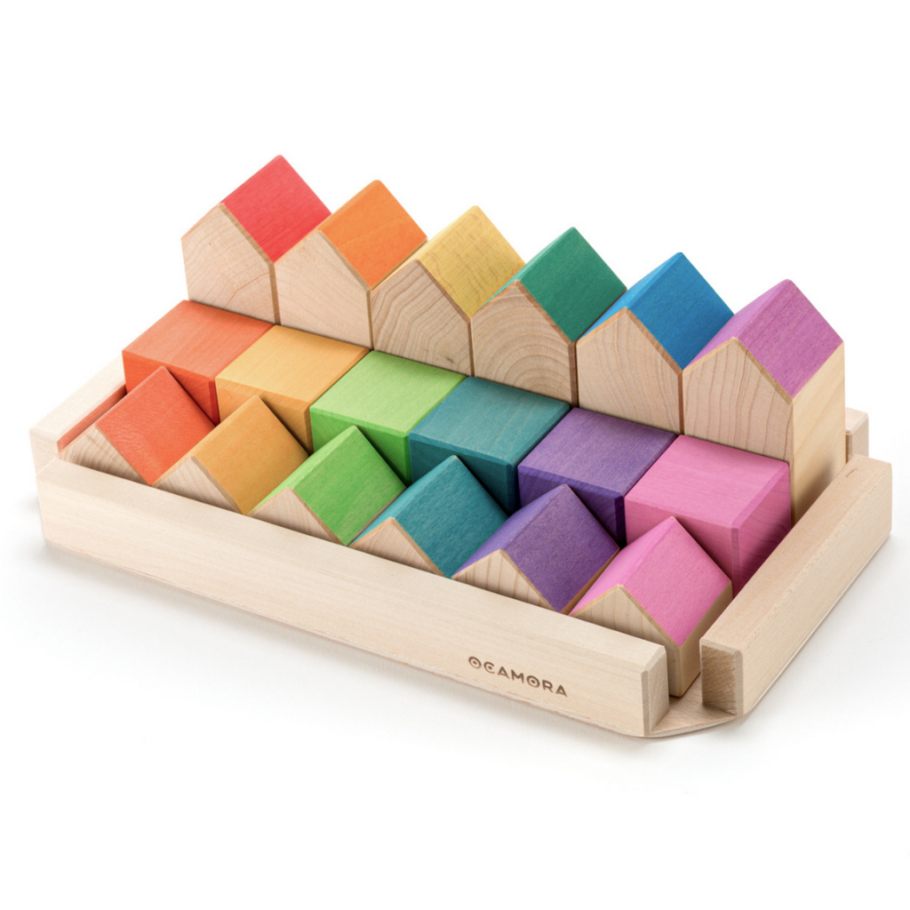 US stockist of Ocamora's Little Houses & Cubes.  Contains 18 colored pieces with its own tray.
