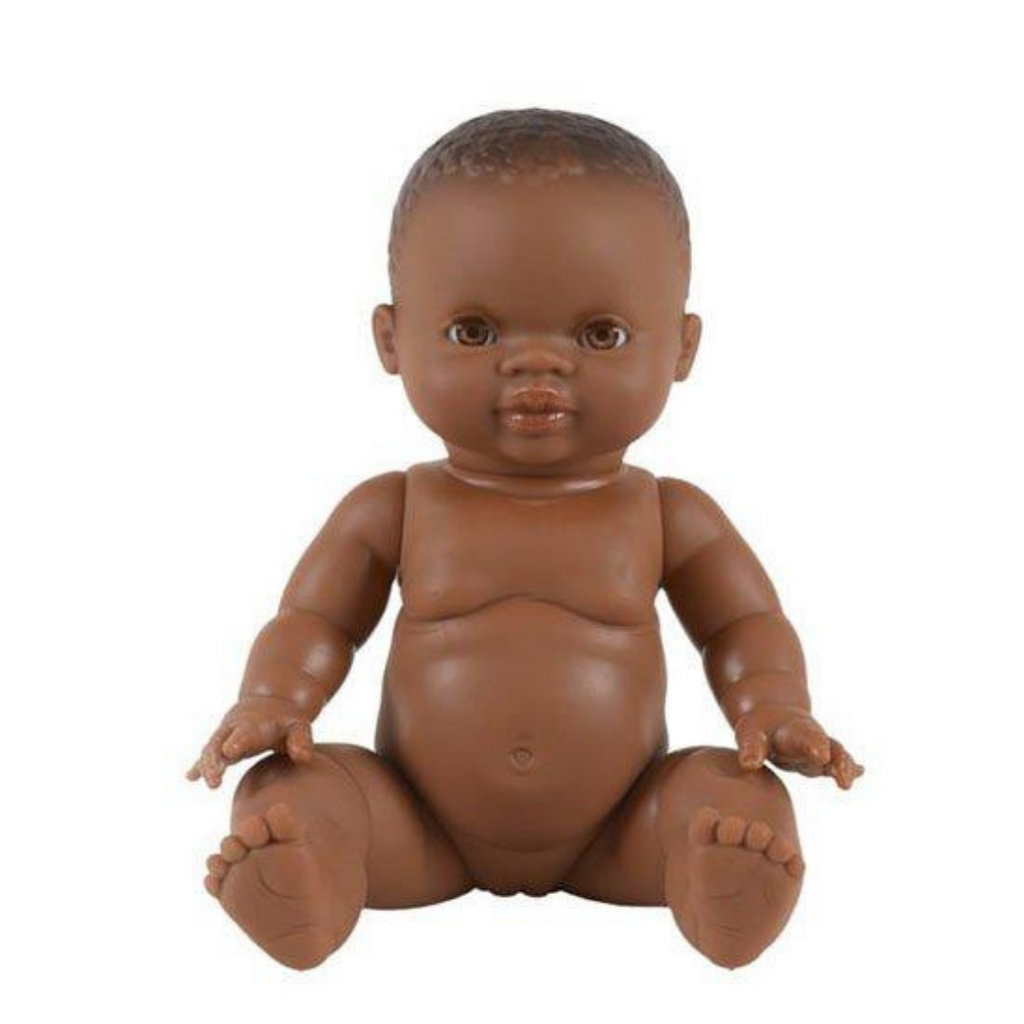 US stockist of Minikane's "African" baby girl doll.  Measures 13" in height and has moveable limbs.  Anatomically correct, with brown skin and honey eyes