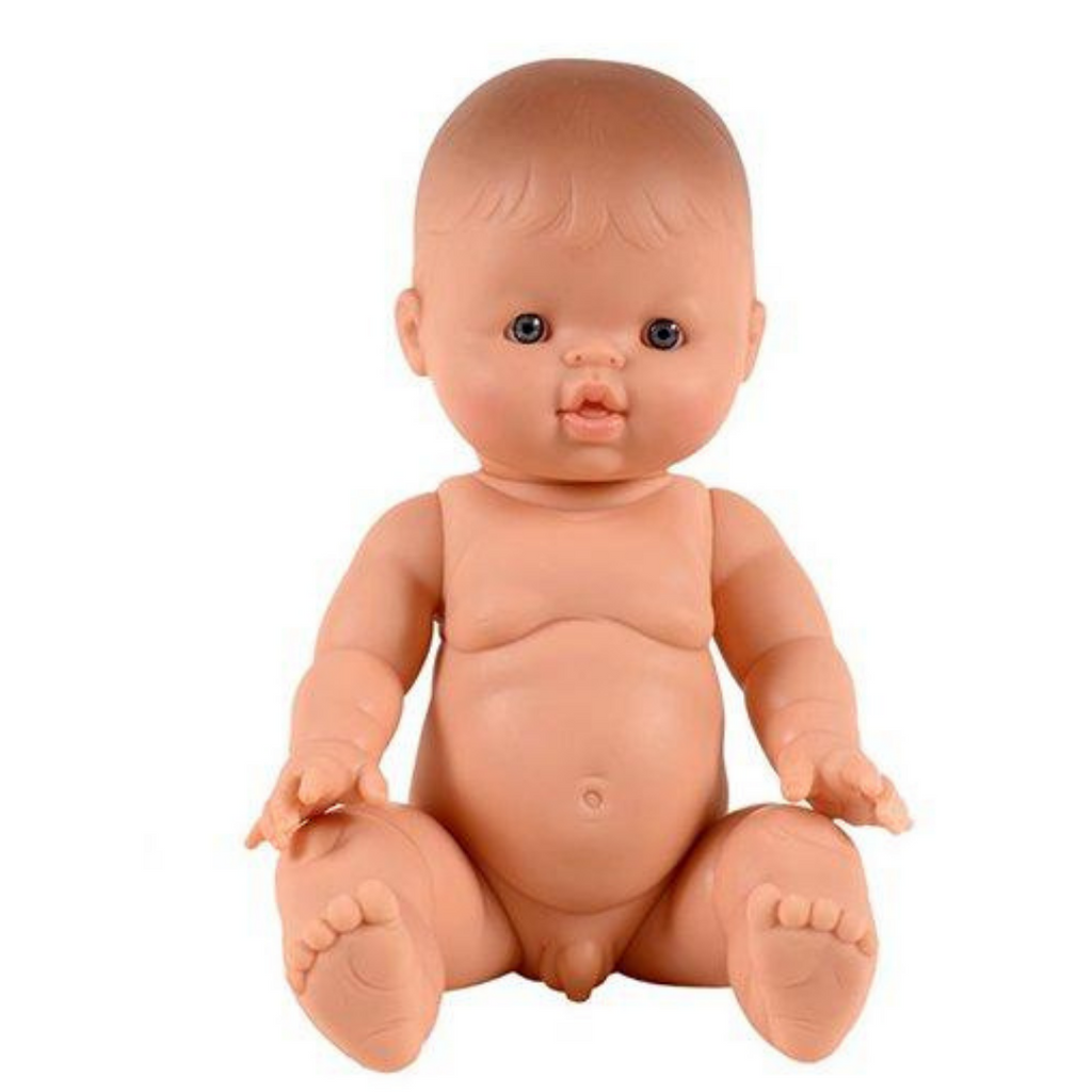 US stockist of Minikane's "European" baby boy doll.  Measures 13" in height and has moveable limbs.  Anatomically correct, with white skin and blue eyes