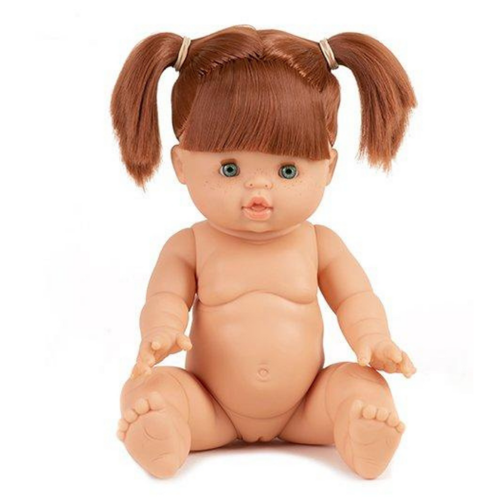 US stockist of Minikane's "Gabrielle" girl doll.  Measures 13" in height and has moveable limbs.  Anatomically correct and features straight red hair styled in two pigtails with bangs, white skin and green eyes.
