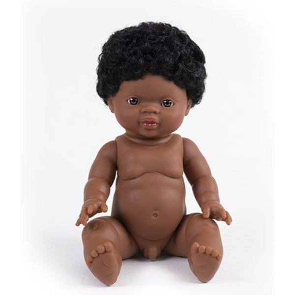 US stockist of Minikane's "Jaro" boy doll.  Measures 13" in height and has moveable limbs.  Anatomically correct and features curly black hair, brown skin and brown eyes.