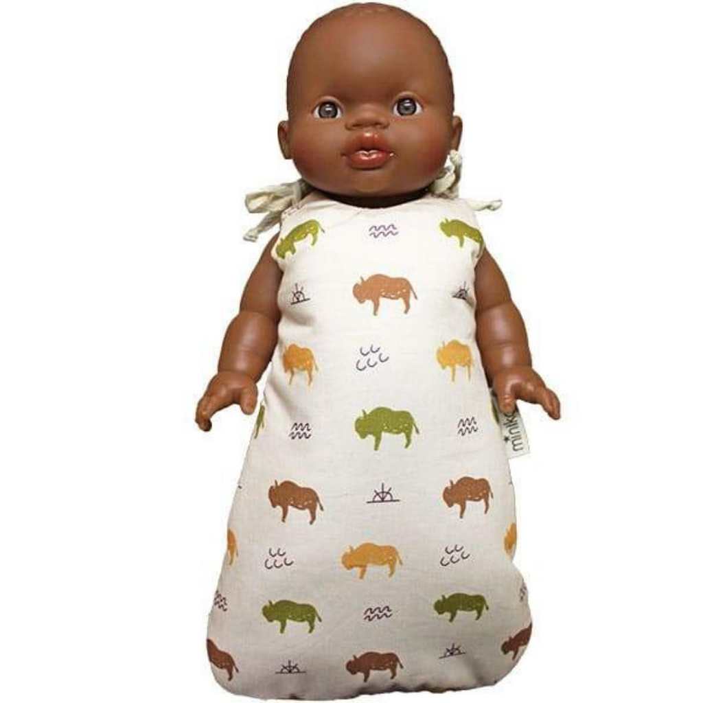US stockist of Minikane's buffalo print doll sleep sack.  Made from an exclusive Minikane fabric in soft cotton.  Fits 13" dolls and is made in France.  