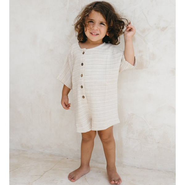 US stockist of Illoura the Label's gender neutral, short, Pinstripe Wilder Overalls.  Features coconut buttons down front.