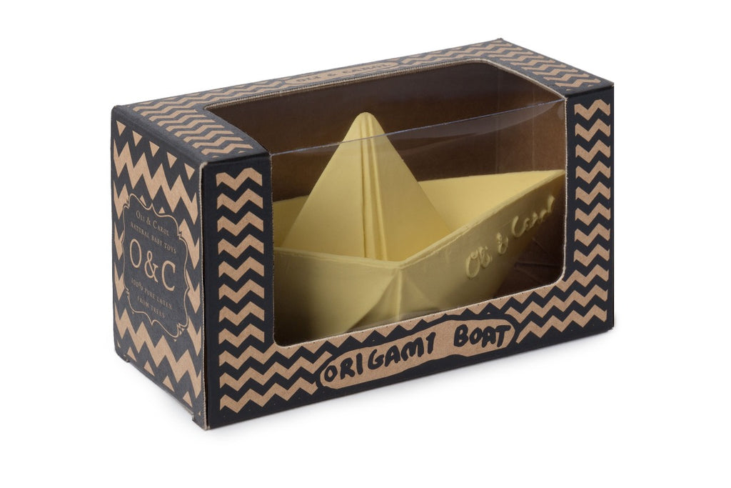 US stockist of Oli & Carol's natural rubber vanilla origami boat bath toy.