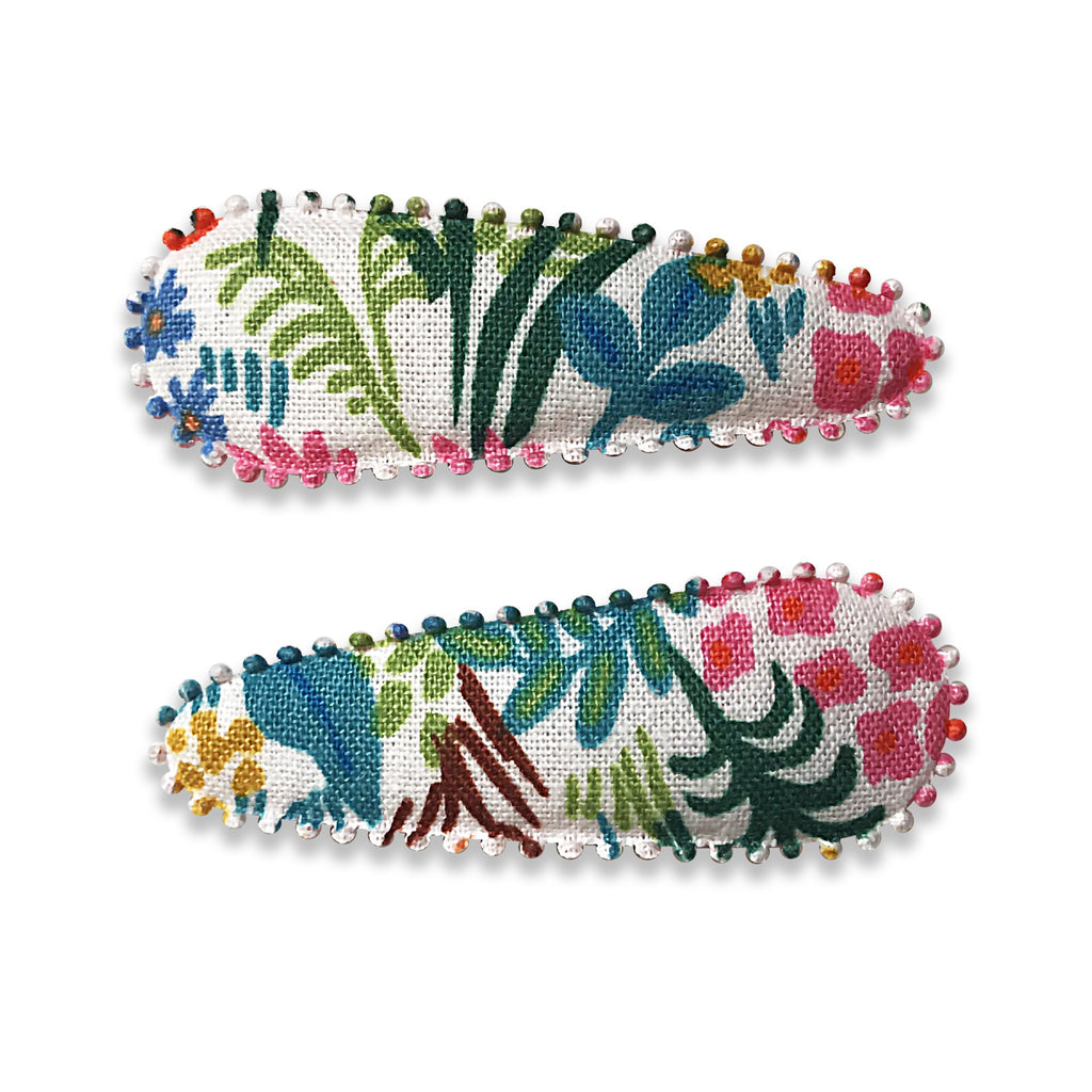 US stockist of Josie Joan's Veronica hair clip set. Gorgeous white fabric with multicolor flowers.