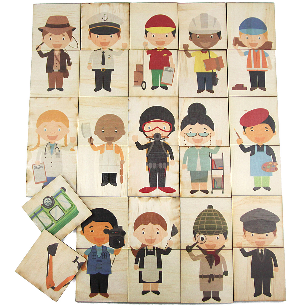 US stockist of Five Little Bears Workers and Wheels 30 piece matching puzzle.  Double sided puzzle featuring  15 modes of transport on one side and 15 people and the jobs they do on the other side.