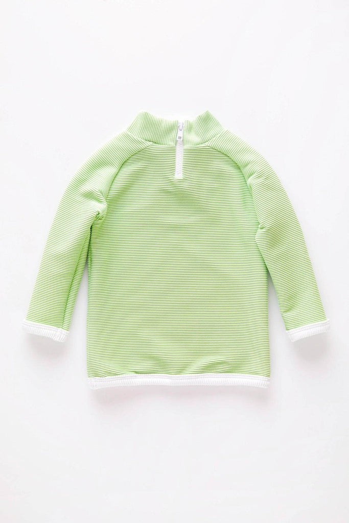 US stockist of Zulu & Zephyr's Mini Band long sleeve rashie top in gender neutral marine.  Made from ECONYL; fully lined and with a zip back entry.  Features contrasting rib binds and is UPF 50+