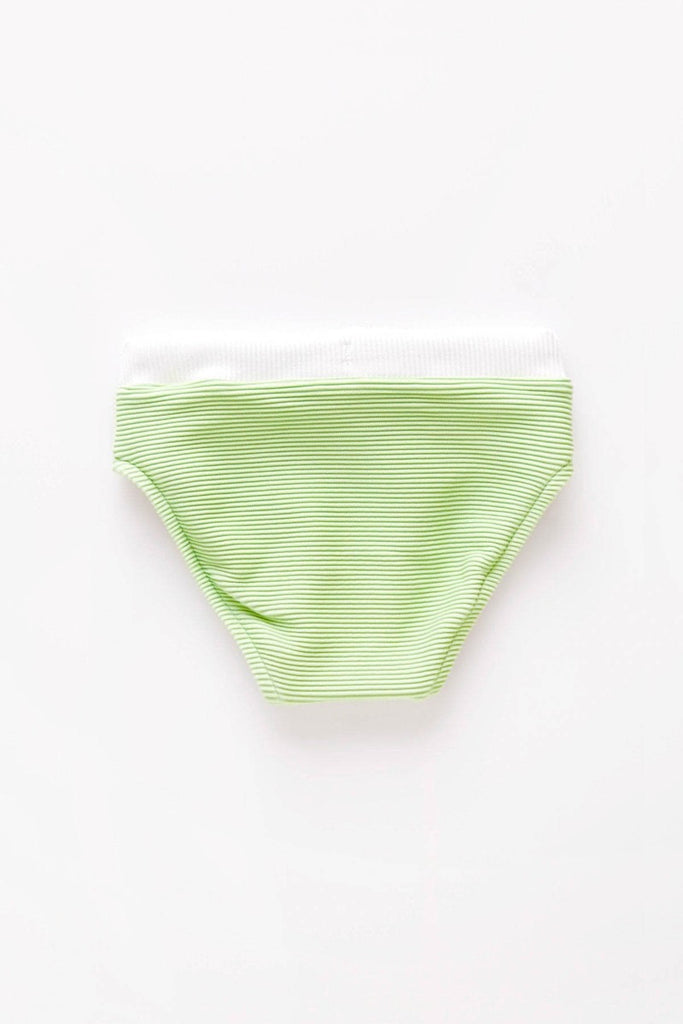 US stockist of Zulu & Zephyr's Mini Band Bikini in Marine.  Made from sustainable ECONYL UPF 50+ fabric.  Features contrasting rib binds, drawstring on top and waist of bottoms.  Fully lined.