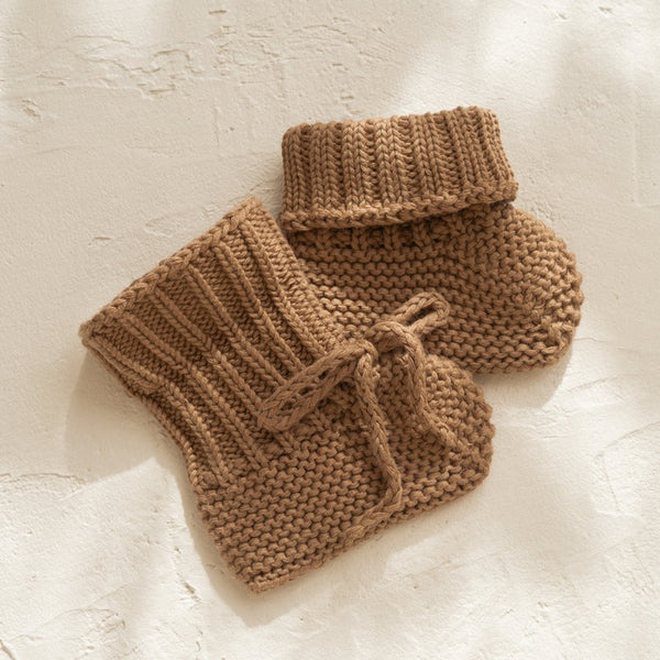 US stockist of Illoura the Label's gender neutral, organic knit Alba booties in Chocolate
