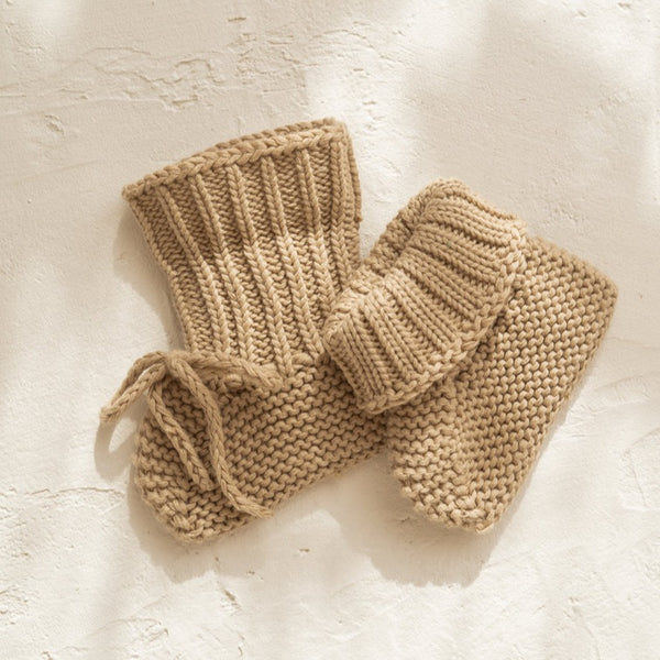US stockist of Illoura the Label's gender neutral, organic knit Alba booties in Olive.