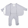 Stockist of Bonsie's rayon blend fog grey footie.  Top section has velcro wrap body which can be undone for skin to skin contact.  Elastic waist that can be pulled down for easy diaper changes. 