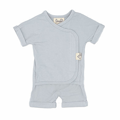 Stockist of Bonsie's rayon blend mist (light grey) short sleeve romper.  Top section has velcro wrap body which can be undone for skin to skin contact.  Elastic waist that can be pulled down for easy diaper changes. 