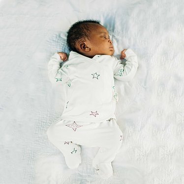Stockist of Bonsie's rayon blend star print footie.  Top section has velcro wrap body which can be undone for skin to skin contact.  Elastic waist that can be pulled down for easy diaper changes. 