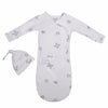 Stockist of Bonsie's rayon blend baby gown in gender neutral white fabric with star print.  Features cross over velcro top that can be undone for skin to skin.  Elastic waist which can be pulled down for easy diaper changes.