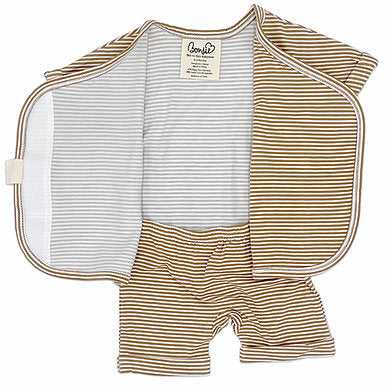 Stockist of Bonsie's rayon blend mocha twist short sleeve romper.  Top section has velcro wrap body which can be undone for skin to skin contact.  Elastic waist that can be pulled down for easy diaper changes. 