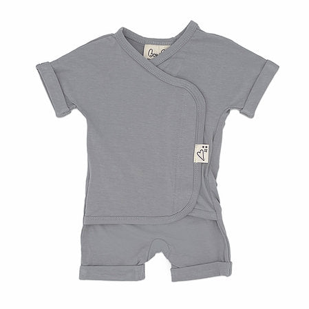Stockist of Bonsie's rayon blend fog grey short sleeve romper.  Top section has velcro wrap body which can be undone for skin to skin contact.  Elastic waist that can be pulled down for easy diaper changes. 
