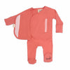Stockist of Bonsie's rayon blend Burnt Coral footie.  Top section has velcro wrap body which can be undone for skin to skin contact.  Elastic waist that can be pulled down for easy diaper changes. 