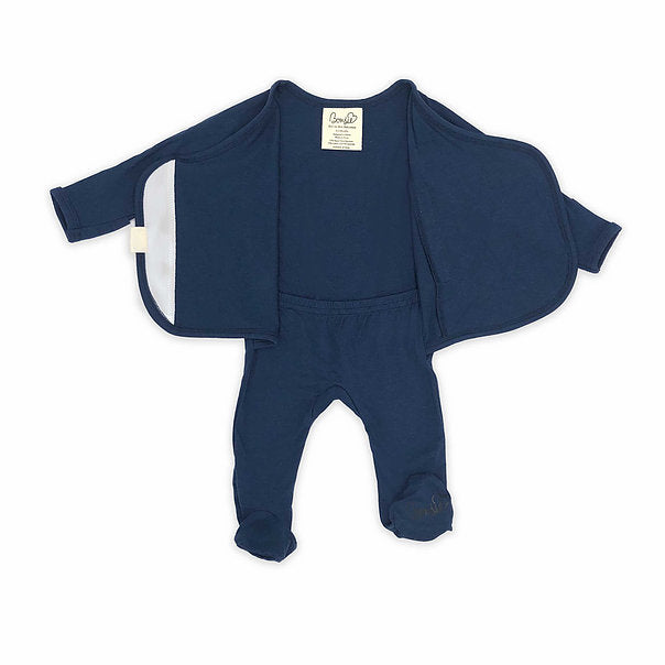 Stockist of Bonsie's rayon blend midnight blue footie.  Top section has velcro wrap body which can be undone for skin to skin contact.  Elastic waist that can be pulled down for easy diaper changes. 