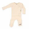 Stockist of Bonsie's rayon blend Oat footie.  Top section has velcro wrap body which can be undone for skin to skin contact.  Elastic waist that can be pulled down for easy diaper changes. 