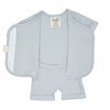 Stockist of Bonsie's rayon blend mist (light grey) short sleeve romper.  Top section has velcro wrap body which can be undone for skin to skin contact.  Elastic waist that can be pulled down for easy diaper changes. 