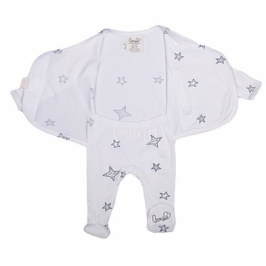 Stockist of Bonsie's rayon blend star print footie.  Top section has velcro wrap body which can be undone for skin to skin contact.  Elastic waist that can be pulled down for easy diaper changes. 