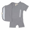 Stockist of Bonsie's rayon blend fog grey short sleeve romper.  Top section has velcro wrap body which can be undone for skin to skin contact.  Elastic waist that can be pulled down for easy diaper changes. 