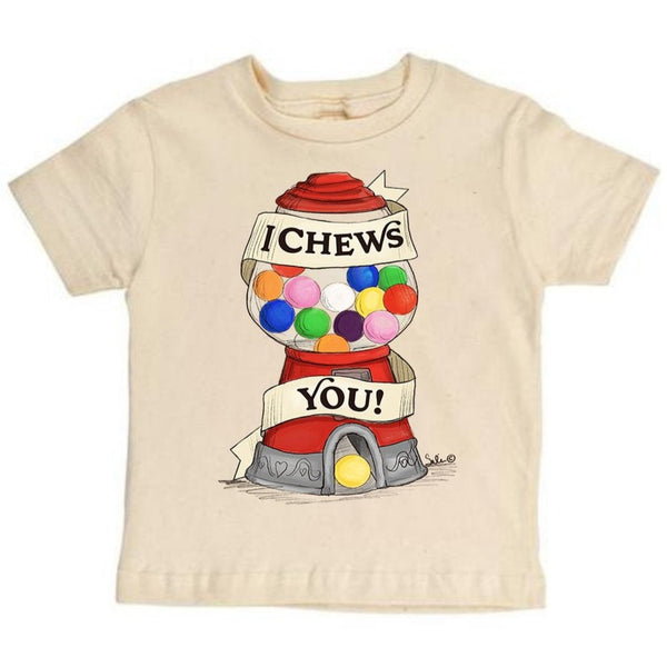 Stockist of Raising Tito's "I Chews You" short sleeve t-shirt.  Made from cream organic cotton with a gumball machine on the front and I chews you printed wrapping around the gumball machine.
