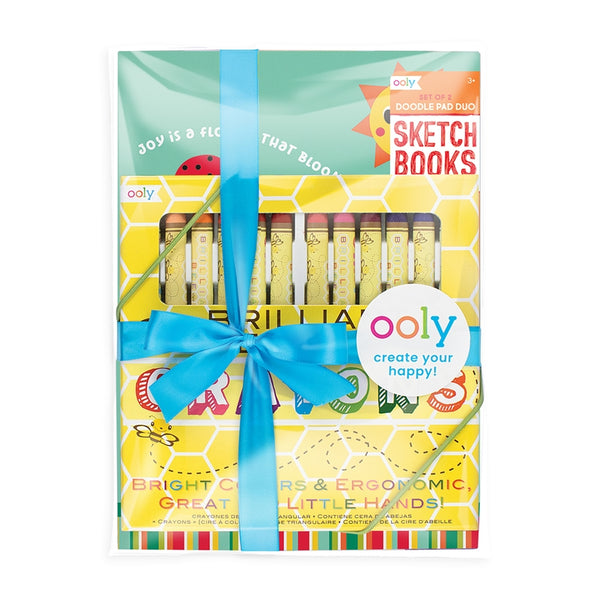 US stockist of Ooly's Giftable Busy Bee Gift Pack. Contains 2 Doodle Pad Duo Sketchpads and 24 pack of Brilliant Bee Crayons.